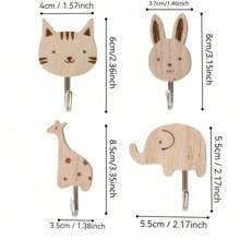 4 pièces de crochets en forme d'animaux en bois, à fixer au mur, installation facile, rangement pour manteaux, serviettes, écharpes, sacs - design mignon d'éléphant, chat, lapin, girafe