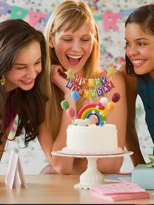 1/8 件生日快乐蛋糕装饰，纸质生日快乐字彩虹旗蛋糕装饰，软陶瓷彩虹云和星星图案蛋糕插件，非常适合生日派对庆祝蛋糕装饰饰品，节日派对用品