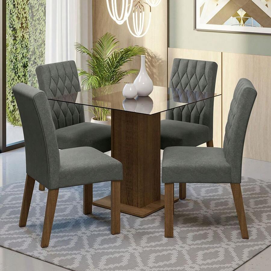 Madesa Comedor Mesa Cristal 4 Sillas Noemí Marrón/Plata