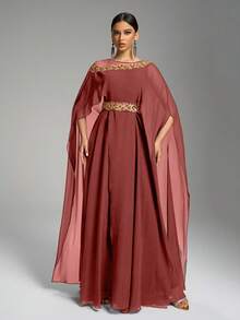 优雅圆领泡泡袖亮片刺绣束腰礼服，奢华别致的晚礼服，端庄 - 紅木色 - 查看 6