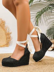 Giày sandal đế xuồng D"Ovsay dành cho nữ, giày đế đay dệt quai mắt cá chân, giày sandal đế dày thường ngày cho mùa hè - màu đen - Xem 3