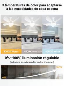 50W Ceiling Fan With Remote Control, 3-Color Lights, 3 Speeds, With Timer Function, Closed Ceiling For Kitchen/Bathroom/Bedroom - Multicolor - View 3