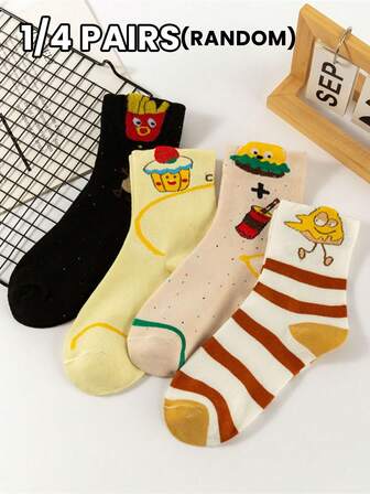1/4 双女式卡通字母、汉堡包、薯条、三明治、波尔卡圆点、条纹可爱柔软舒适中筒袜，适合日常、运动、休闲穿着，多色