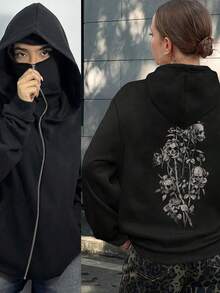 女士时尚拉法帽，骷髅头和花朵图案双层连帽卫衣，嘻哈风格 - 黑色 - 查看 4