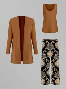Plus Fall Clothes Three Pieces Color Blocked Printed Set Long Sleeve Cardigan & Tank Top & Long Pants Women Outfit Sets - Multicolor - View 2