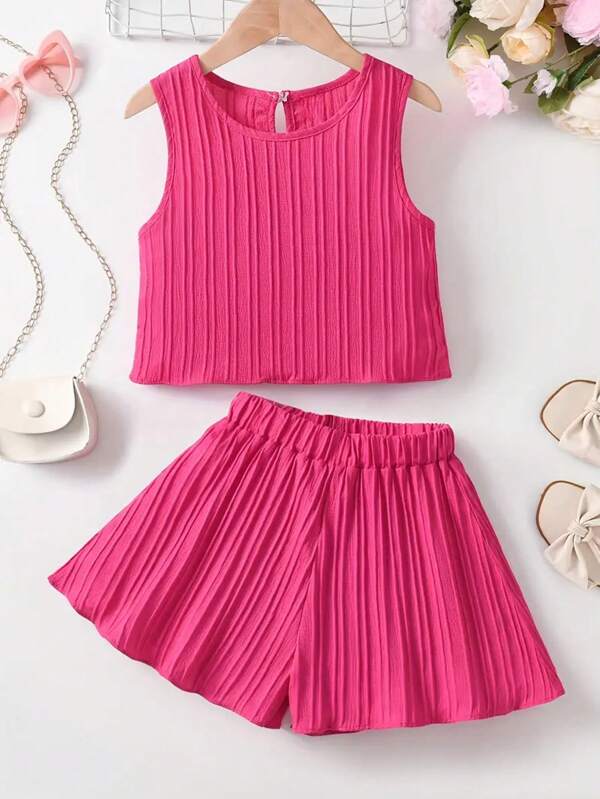 Tween Girl Summer Solid Color Camisole And Shorts 2 Pieces Set, Casual