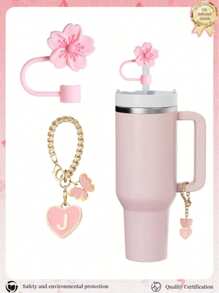 2pcs/Set Accessories For 30-40oz Cups, Pink Letter Cup Marker And Silicone Fuchsia Flower Straw Lid, Silicone Anti-Slip Protective Cover, Reusable 10mm Thick Straw Lid, Cute Letter Decor Fits Modern Minimalist Glass Cups, Back To School Supplies