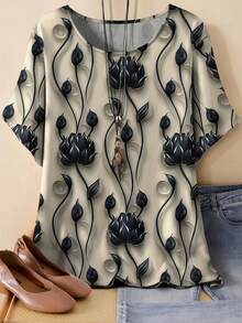 Plus Size Women Printed T-Shirt - Casual Round Neck, Short Sleeve - Multicolor - View 1