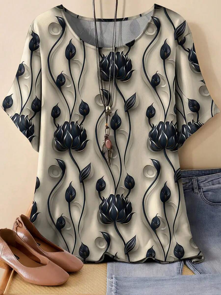 Plus Size Women Printed T-Shirt - Casual Round Neck, Short Sleeve - Multicolor - View 1