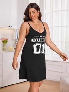 New Plus Size Women's Sexy Casual Pajamas - Solid Color Letter V-Neck Plus Size Suspender Robe Vest Sleeveless Nightgown Simple Casual Home Clothes Suitable For Valentine's Day Gifts, Letter, Crown Pattern Printed Pajamas - Black - View 4
