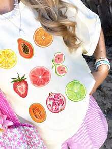 女士水果图案 T 恤、短袖圆领 T 恤、春夏上衣、生日礼物