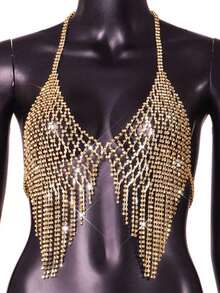 1pc Sparkling Full Crystal Rhinestone Silver-Plated Tassel Sexy Women Body Chain Bra, Mesh Tassel Chest Chain Jewelry Necklace Lingerie, Luxury Crystal Body Jewelry Bikini Bra, 1pc Nightclub Shiny Mesh Tassel Faux Crystal Bra Chain Pendant Elegant Fashion Sexy Rhinestone Chest Chain Accessory - Gold - View 3