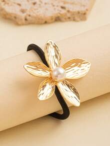 1 件女士时尚金属奢华 5 瓣花珍珠发带弹性发带合金发饰马尾辫发绳