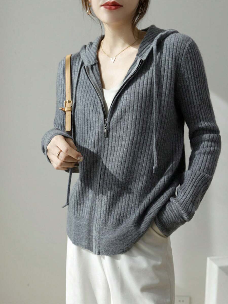 Chaqueta casual con capucha y cremallera para mujer, chaqueta de color sólido, ropa informal diaria - Gris - Ver 1