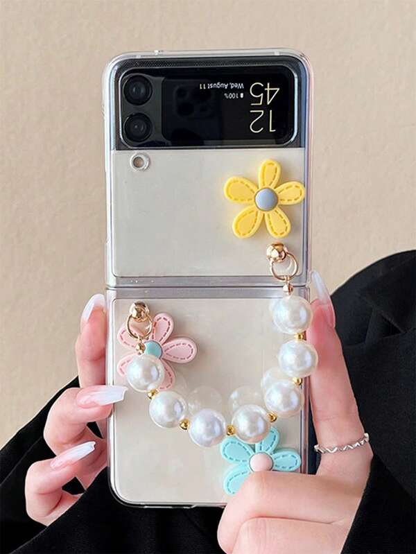 Simple Cute 3D Soft Flower Clear Protect Case Compatible With Samsung Galaxy Z Flip 6 Flip 5 Flip 4 Flip 3 With Pearl Chain INS Korean Anti-Drop PC Hard Protect Back Cover