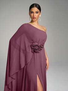 SUPGIR 不对称领口亮片袖腰部花卉装饰开衩下摆长款雪纺连衣裙，伴娘服 - 中紫紅色 - 查看 4