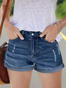 Washed Low-Waist Frayed Distressed Stretch Denim Shorts - Medium Wash - View 5