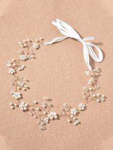 1 件优雅浪漫手工珍珠软链水晶头带，适合春夏户外婚礼、花园婚礼、海滩婚礼、婚礼