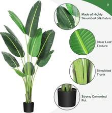 Fulvari Aritificial Bird Of Paradise Plant 4 FT Fake Tropical Palm Tree With 8 Trunks Artificial Banana Leaf For Indoor Outdoor Modern Decoration Faux Plants 60"H 48"H - 綠色 - 查看 7