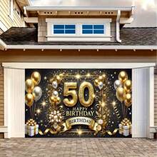 50pcs/Pack Polyester 50th Birthday Party Banner, Multipurpose Celebratory Background, Gold & Black Theme, Suitable For Indoor & Outdoor Events, Holiday Decoration For Indoor, Garden, Studio And Home Celebrations