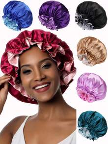 1 件装双层撞色缎面睡帽，大号褶边发套，美容护发头带帽