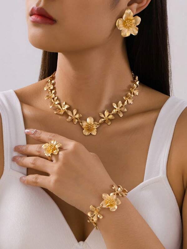 1 Stück Set eleganter goldener Ring, Armband, Halskette und Ohrringe im Design einer 5-blättrigen Blume mit Dopamin-Molekül Form, geeignet für den täglichen Gebrauch und als Festgeschenk für Frauen