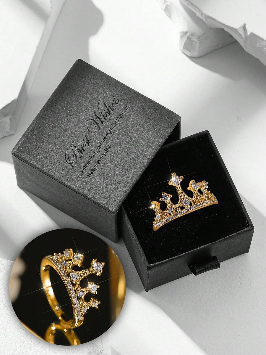 Nhẫn bạc đính đá pha lê hình vương miện nữ hoàng sang trọng, Quà tặng trang sức thời trang cho phụ nữ, Thích hợp cho đám cưới, ngày lễ tình nhân và ngày của mẹ - Vàng - Xem 1