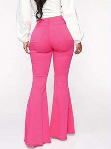 Pantalón acampanado rosa neón con diseño roto y corte acampanado atrevido y juvenil, adecuado para mujer Ropa de mujer de moda cintura alta, temperamento americano, diseño de personalidad, rodillas rotas, pelo rizado, pantalones vaqueros de campana, pantalones ajustados elásticos, pantalones delgados - Rosa Fucsia - Ver 2
