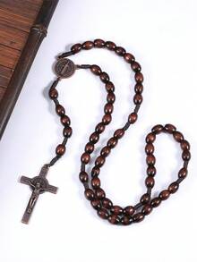 1 Classic Retro Wooden Beaded Cross Pendant Necklace, Unisex Personalized Rosewood Handmade Prayer Bead Jewelry Gift - Pendant Necklace - View 6