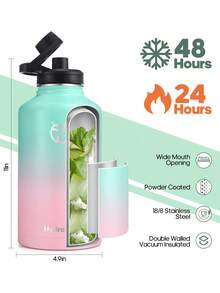 UKEIN Half Gallon Water Bottle With 2 Lids(Chug Lid And Straw Lid),64oz Insulated Water Bottle With Straw, Wide Mouth Double-Wall Vacuum Thermo With Paracord/Protective Carrier Boot - 綠色-粉紅色 - 查看 3