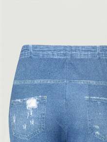 Girls Cute Cartoon Girl Pattern Digital Print Faux Ripped Denim Effect Casual Leggings, Spring/Summer/Autumn - Multicolor - View 6