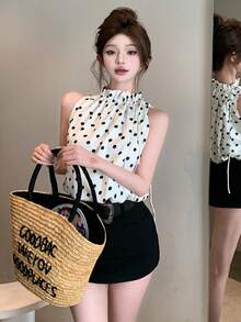 女士时尚黑色圆点缎面抽绳宽松束腰上衣