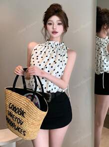 Women's Fashion Black Polka Dot Satin Drawstring Loose Fit Blouson Top
