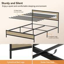 Full Size Rattan Bed Frame Metal Platform Bed With Headboard No Box Spring Needed Beige