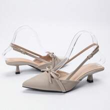 OMS Pointed Toe Thin Heel Sandals Women 2025 Spring Summer New French Style Closed Toe Breathable Backless Mid Heel Fashion Dress Pumps, Adjustable Strap, Light Beige, Kitten Heel, All Season