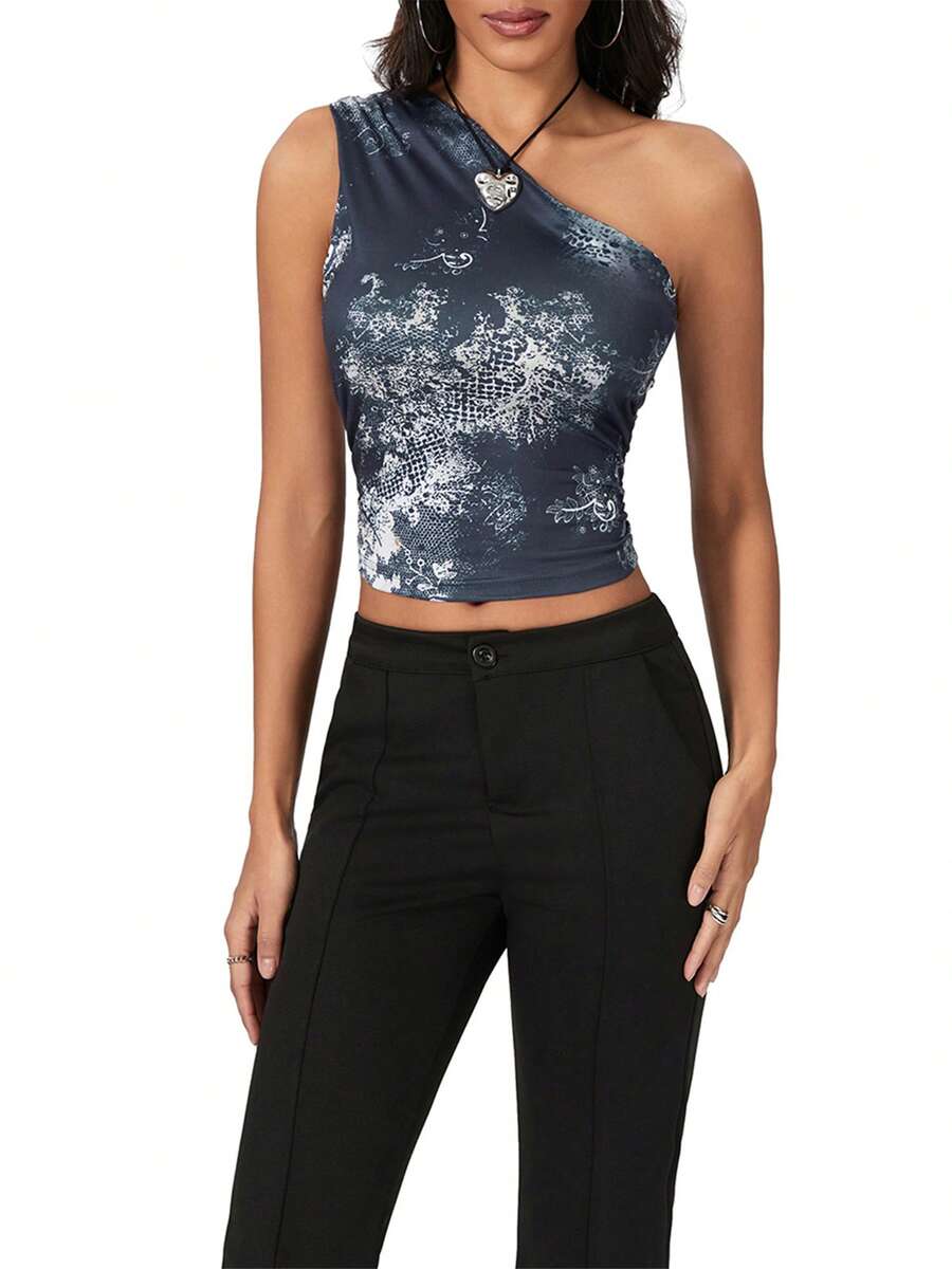 Women's Summer Fashion Tank Tops Sleeveless One Shoulder Solid Color/Floral Vest - Dark Grey - View 1