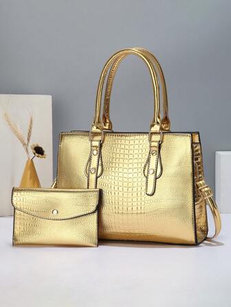 Women's Luxury Glossy Gold Handbag Set, Large Capacity Crocodile Embossed Shoulder Bag, Fashion Rivet Decor Tote Bag, Suitable For Daily And Party Use, Best Mother's Day Gift Idea, Essential For Mothers, Working Moms Bag, Fashionable Business/Casual Ladies Bag, Suitable For Office And Work