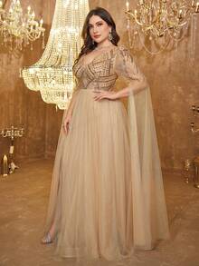 SUPGIR Plus Size V-Neck Extra Long Mesh Sleeve Luxury Beaded Patchwork Decorated Slit Hem Evening Party Dress,Gown,Formal,Wedding Guest, Fall Women Clothes - Champagne - View 3