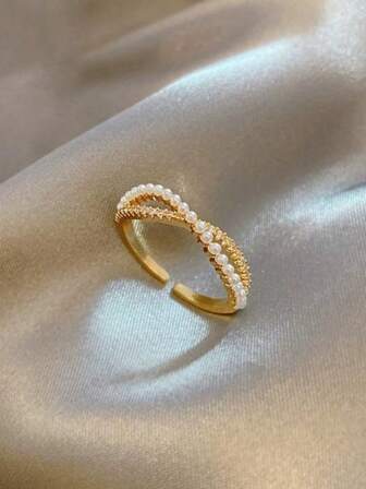 1 件全新精致奢华锆石交叉珍珠设计戒指，简约优雅甜美，适合日常佩戴，送给女性的礼物