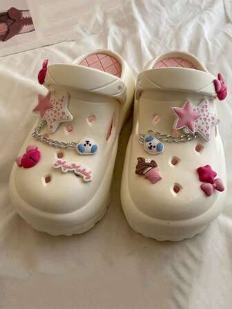 女士时尚厚底花园鞋，镂空小熊星链卡通可爱装饰，休闲厚底凉鞋，适合室内/室外、学院风、散步、沙滩、高跟凉鞋、防滑拖鞋、手术室木屐