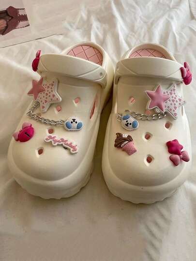 女士时尚厚底花园鞋，镂空小熊星链卡通可爱装饰，休闲厚底凉鞋，适合室内/室外、学院风、散步、沙滩、高跟凉鞋、防滑拖鞋、手术室木屐