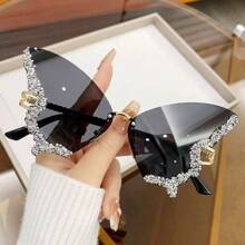1 Stück Schmetterling-förmige strass-besetzte randlose Brille, geeignet für Frauen, Alltag, Reisen, Strand für Sommerurlaub, Outdoor, Reisen