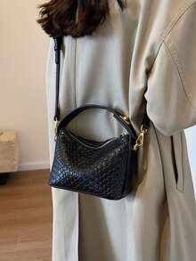 PU Faux Snake Skin Textured Tote Bag For Women, Simple Design, Versatile - Black - View 6