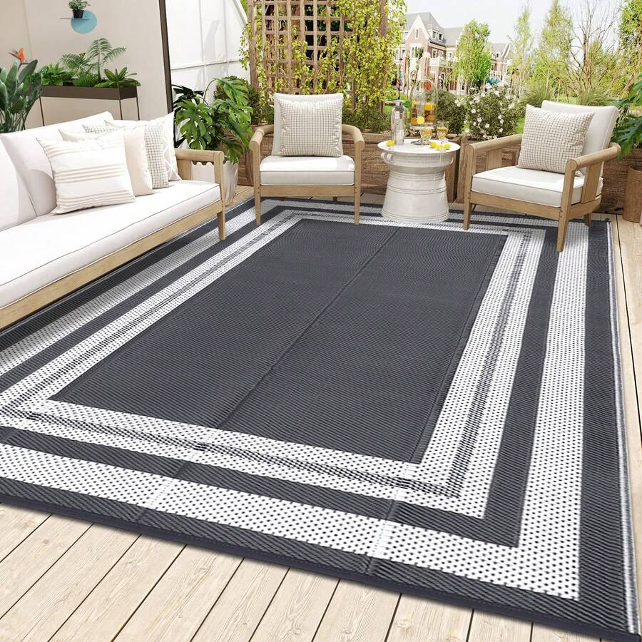 Studyset Waterproof Outdoor Rug 5x8 Ft,Outdoor Rug For Patio Plastic Straw Rug Camping Area Rug Reversible Portable Rugs For Outside RV Porch Balcony Patios Camping Picnic Outdoor Area Rugs Bordered - Grey and White - View 1