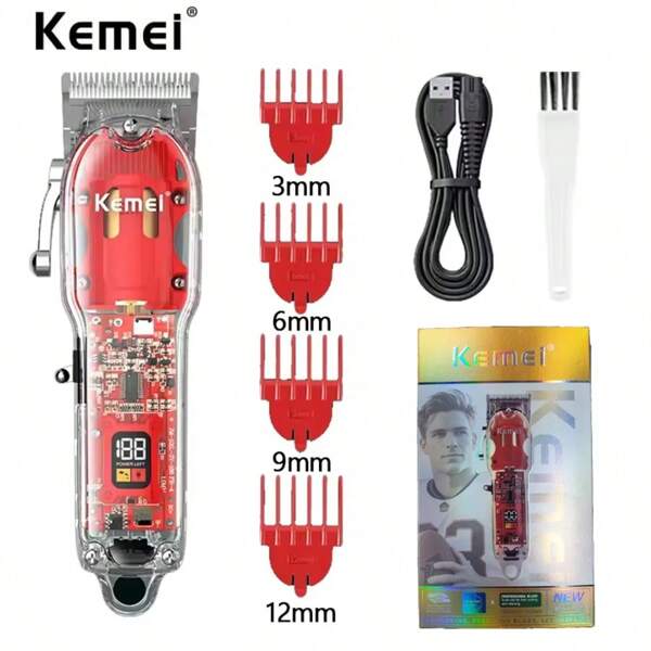 Rasoi elettrici domestici Kemei KM-1761 ricaricabili: Tosatrici senza fili da 10W per sfumature con copertura trasparente, base rossa