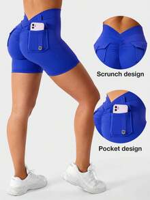 YEOREO Pink Shorts Workout Shorts With Pockets For Women V Back Scrunch High Waisted Shorts Charm Gym Yoga Biker Shorts - 克萊因藍 - 查看 7