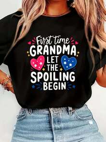Grandma 1st Time Grandmother First Time Grandma T-Shirt Print T-Shirt Casual Crew Neck Short Sleeve Comfort Tee Top For Spring & Summer Women's Clothing - Black - View 1