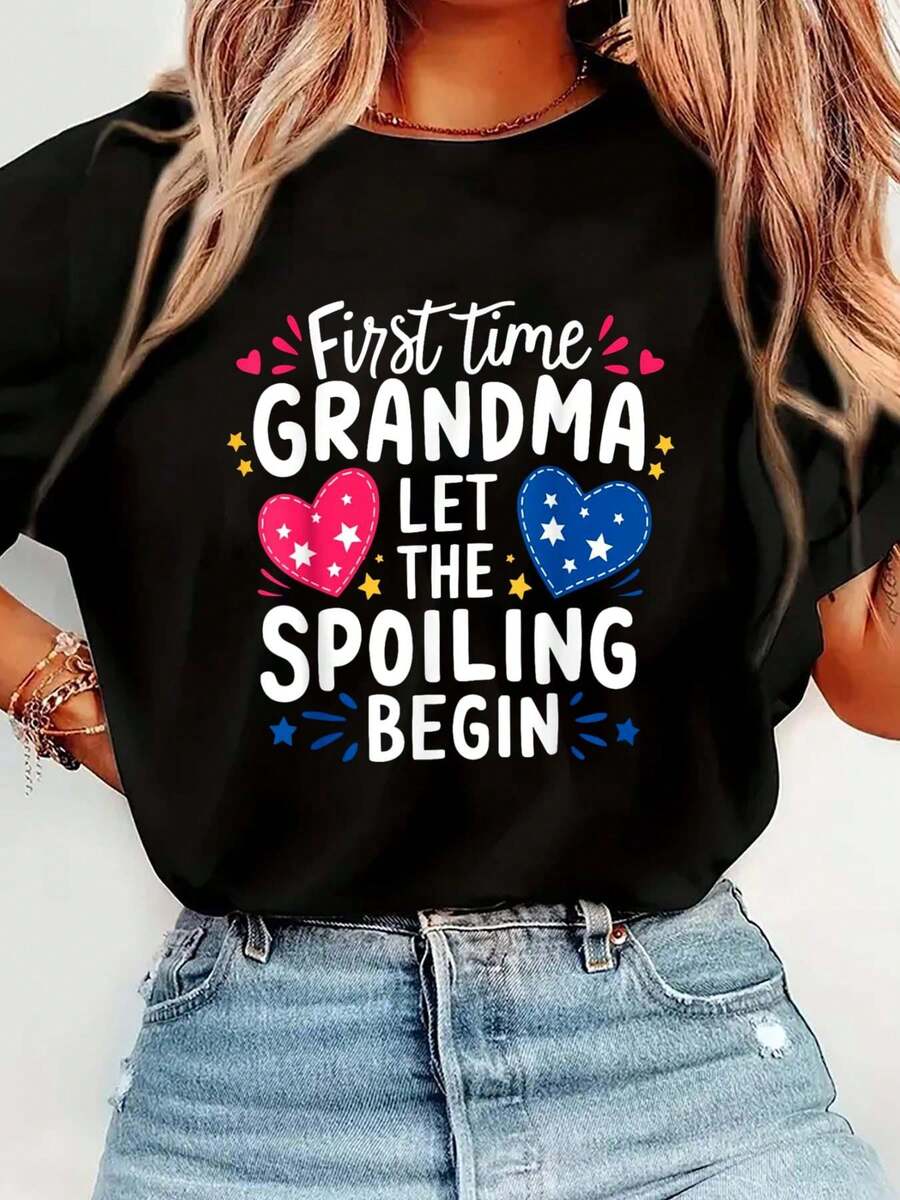 Grandma 1st Time Grandmother First Time Grandma T-Shirt Print T-Shirt Casual Crew Neck Short Sleeve Comfort Tee Top For Spring & Summer Women's Clothing - Black - View 1