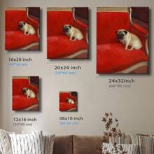 1pc Funny Bathroom Wall Art Framed Wall Art, Wrapped Canvas Poster Vintage Prints, A Pug Sitting On A Red Sofa, Birthday Party Decor, Decorative Wall Art For Living Room Bedroom Office, Hanging Hardware Included - Framed, Vertical - 裱框畫布 - 查看 5