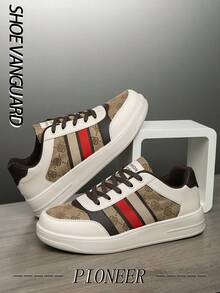 男士时尚撞色字母图案系带前平底设计休闲运动鞋，百搭户外舒适低帮运动/训练鞋 - 米棕 - 查看 6